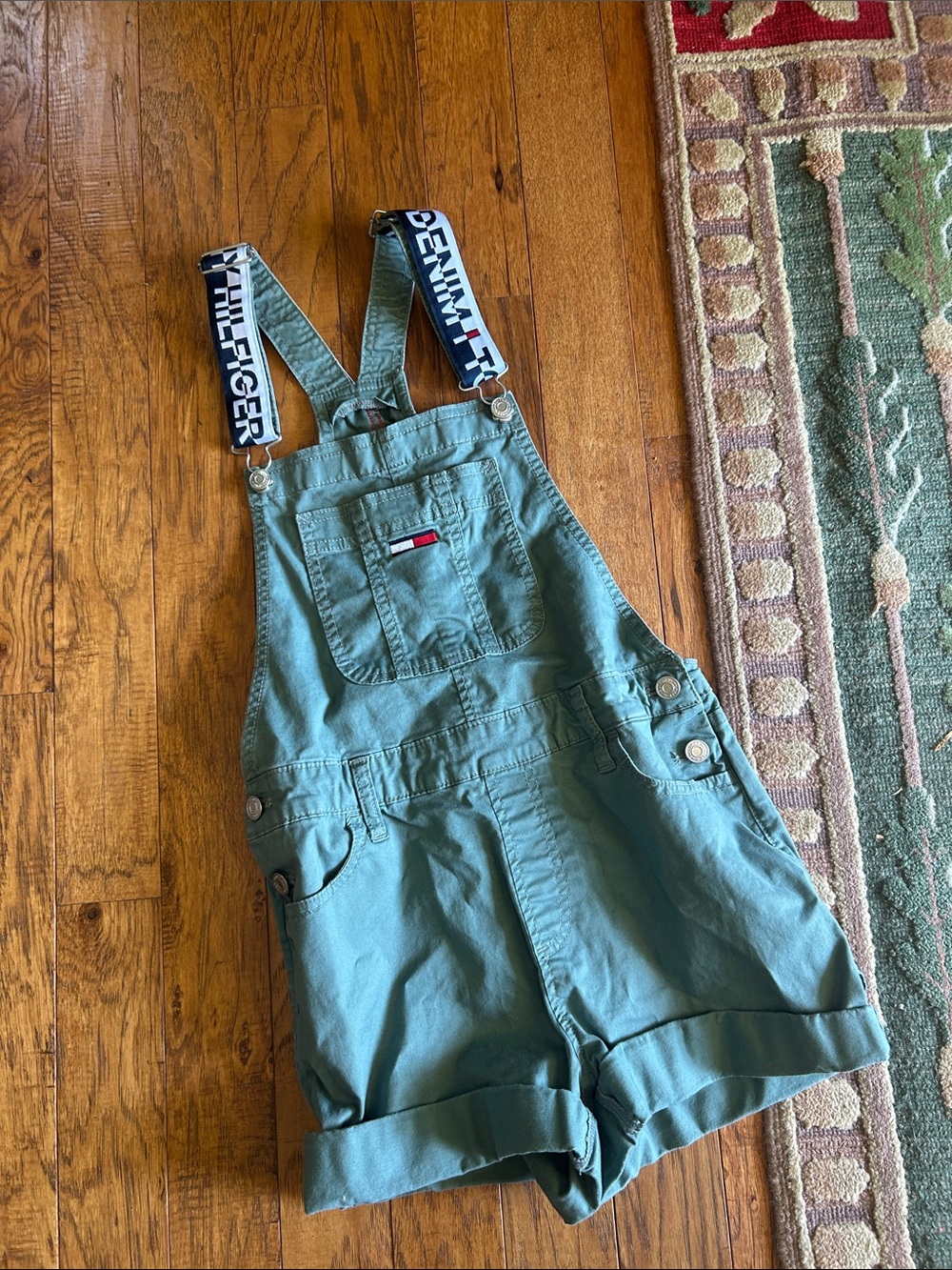 Tommy Hilfiger Olive-Green Denim Short Overalls with Logo Straps